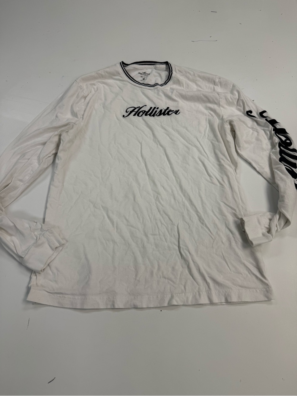Hollister White Long-Sleeve Crewneck with Black Script Logo